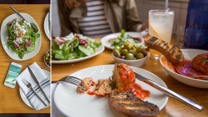 Composite: two views of a fancy meal at a restaurant.